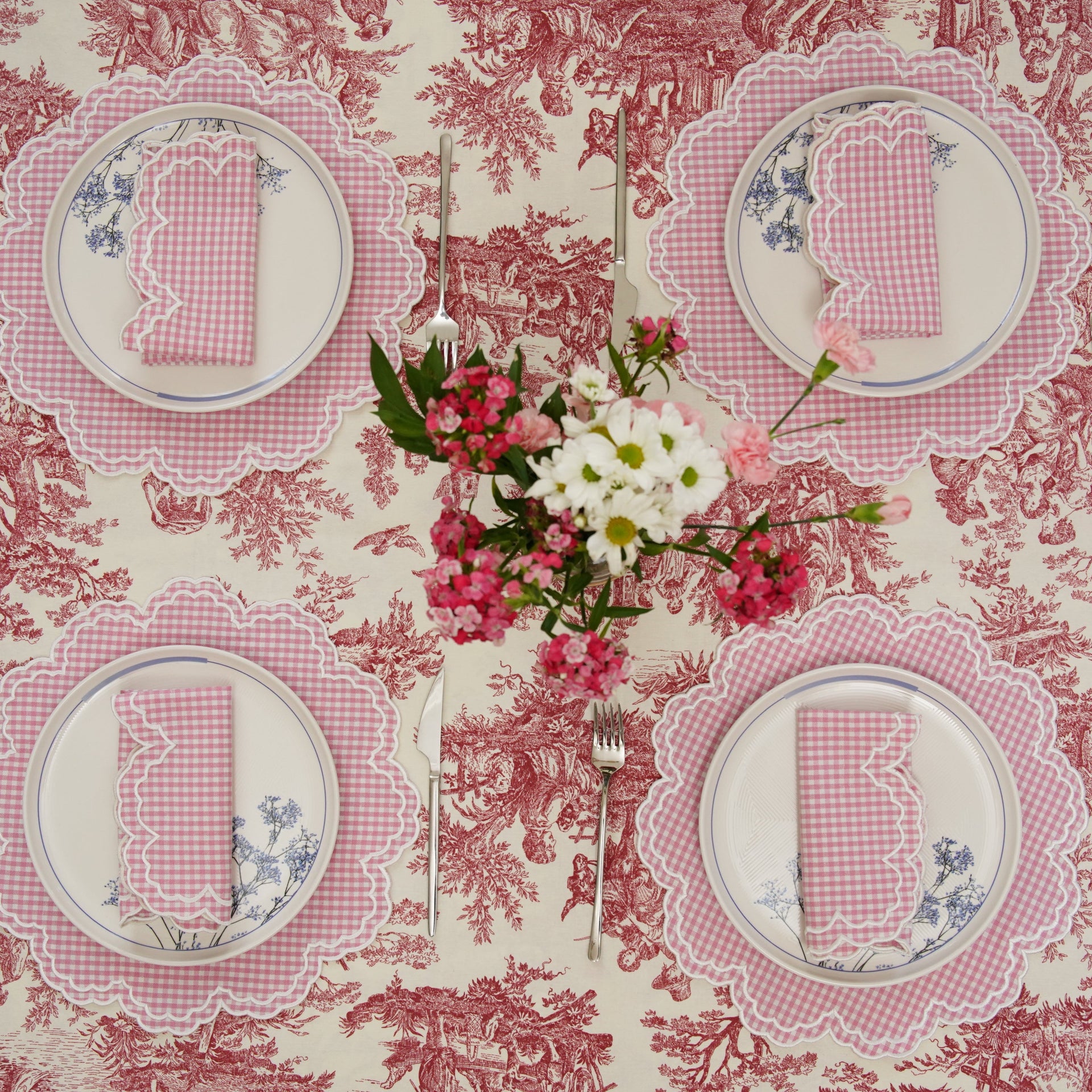 SPRING TABLE DECOR – MAGNOLIA PINK GINGHAM WHITE TRIM PLACEMAT & NAPKIN SET
