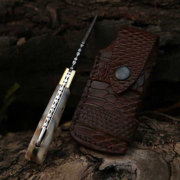 Pinnacle Damascus Pocket Knife with Mother of Pearl Handle