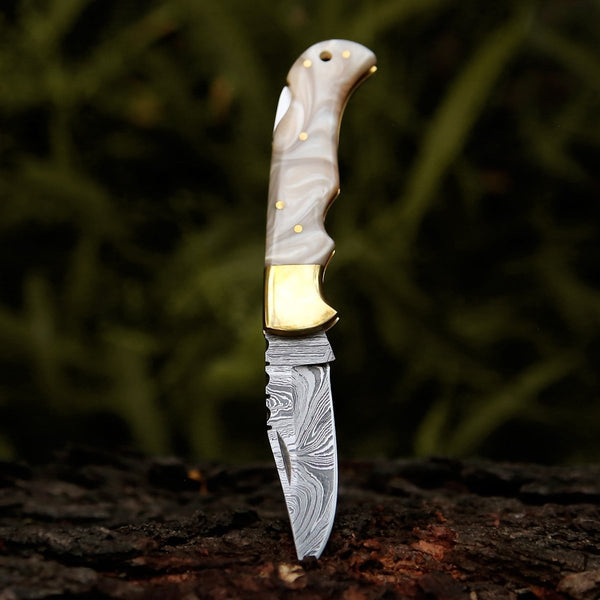 Pinnacle Damascus Pocket Knife with Mother of Pearl Handle