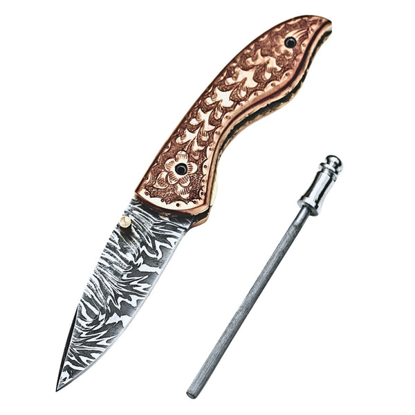 Pixel Copper Damascus Pocket Knife with Copper Handle
