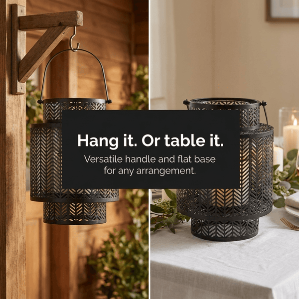 Hanging Candle Lantern – Black Mesh Lantern Design with Cozy Flickering Light