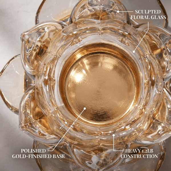 Floral Glass Candle Holder – Elegant Tea Light Holder with Gold Round Base
