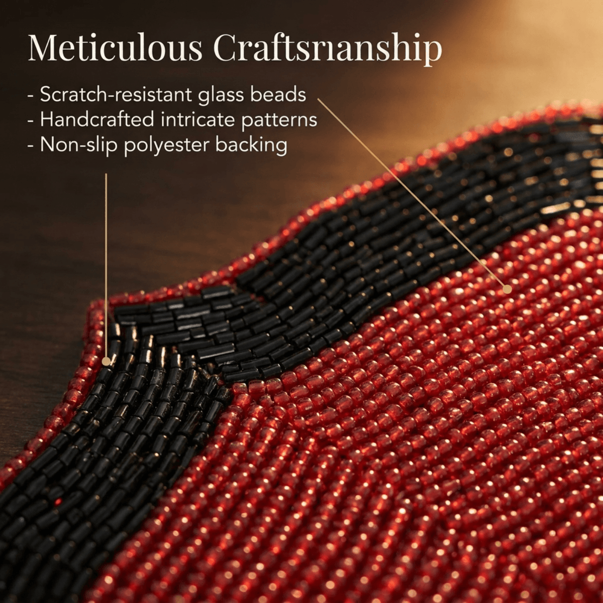Beaded Placemats – Handmade Red Black Dining Table Mats, 14 Inch Heat Resistant