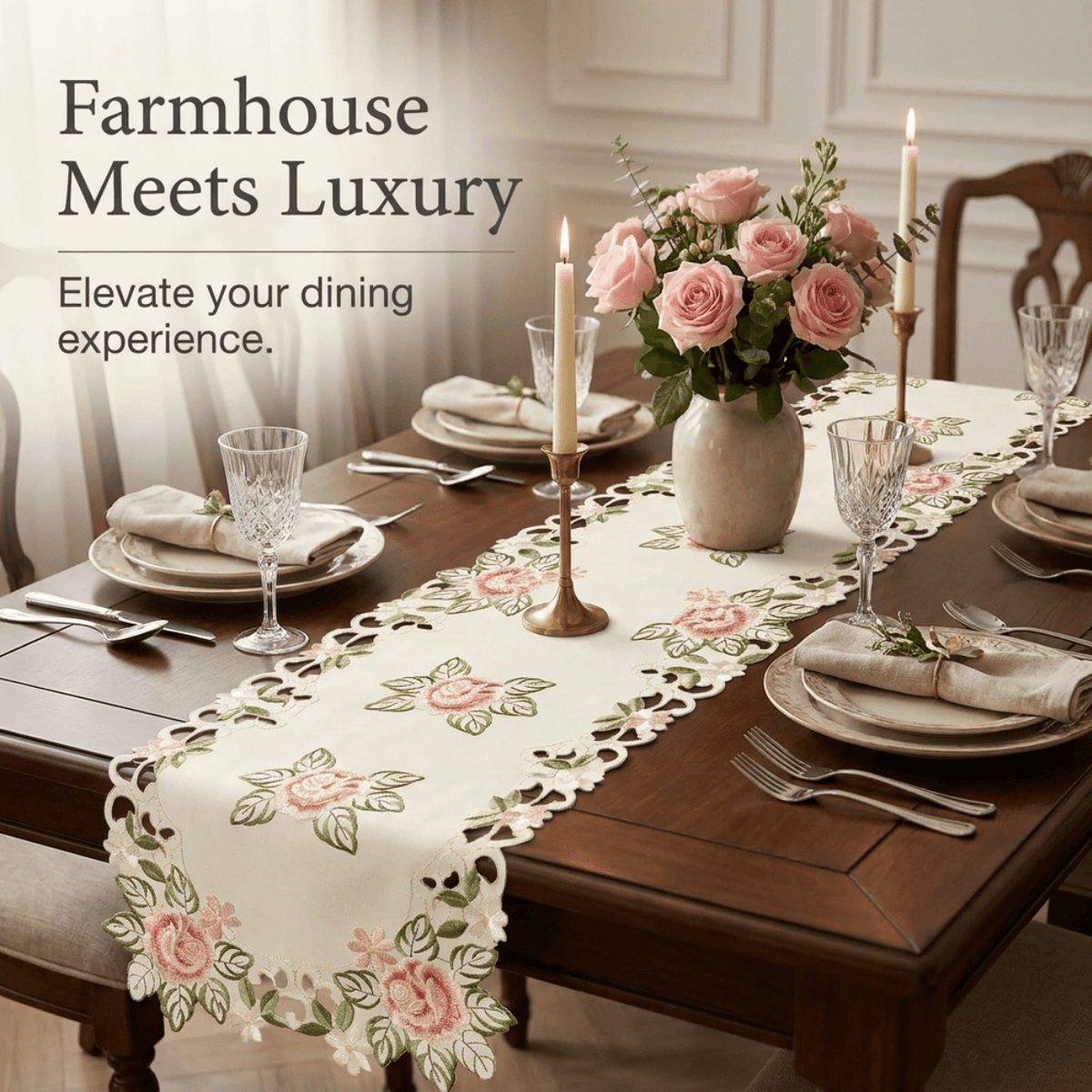 Cream Table Runner – Bryton Collection, Embroidered Linen