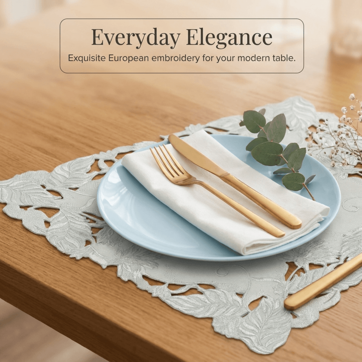 European Embroidered Placemats - Rustic Gray Table Mats 14x20 Inch for Indoor Outdoor