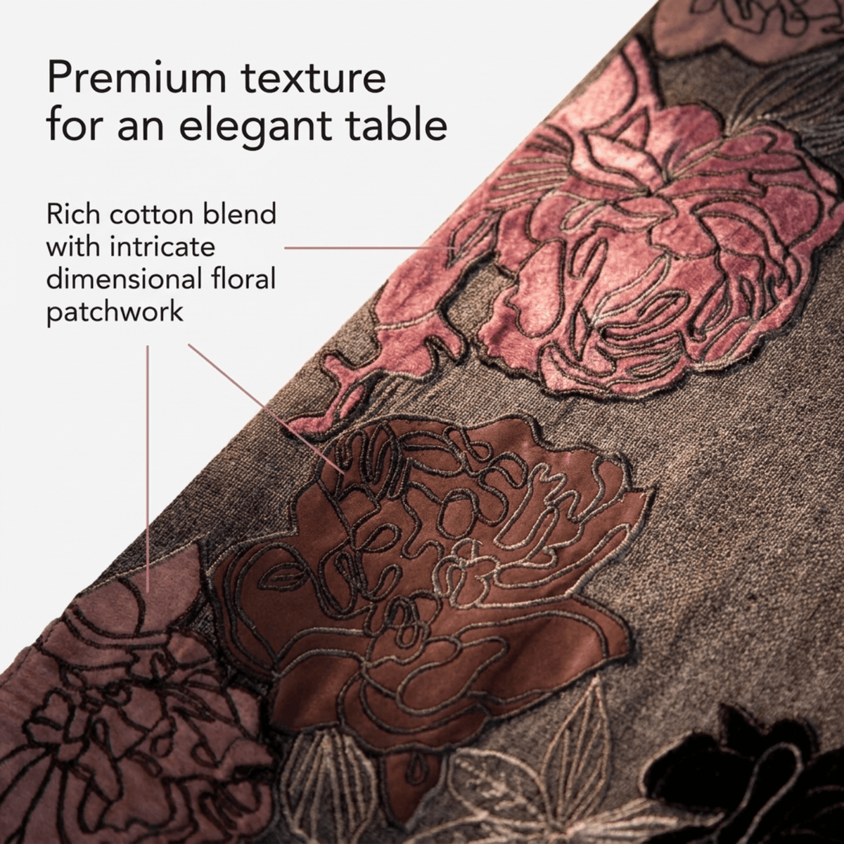Decorative Table Runner - Embroidered Velvet Satin Backing for Dining Table Decor
