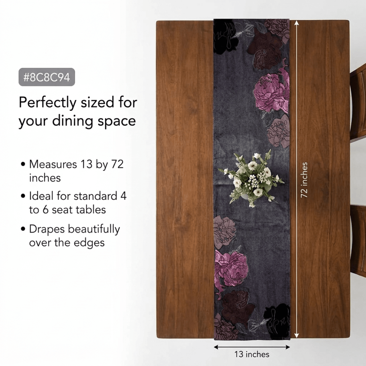 Decorative Table Runner - Embroidered Velvet Satin Backing for Dining Table Decor