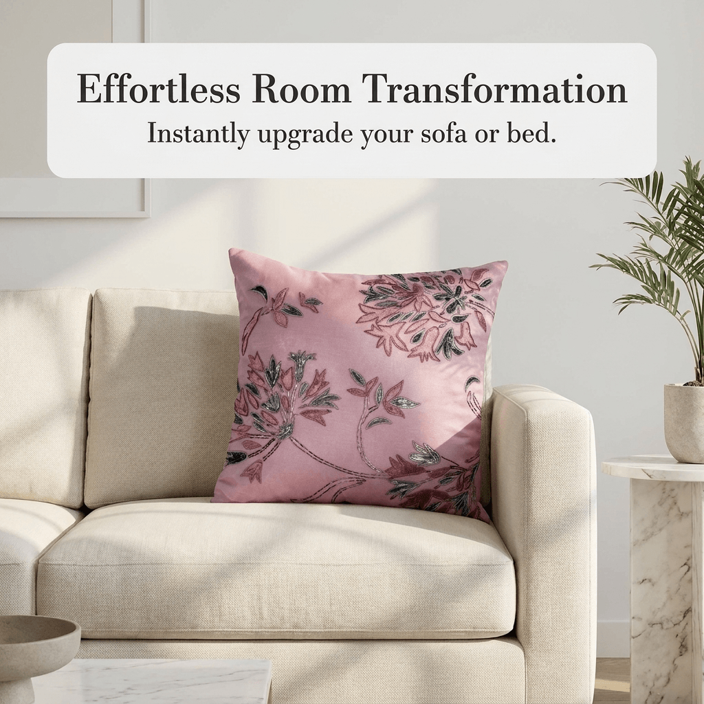 Pink Throw Pillow Covers - Set of 4 Embroidered Cushion Covers 18 x 18 Inches