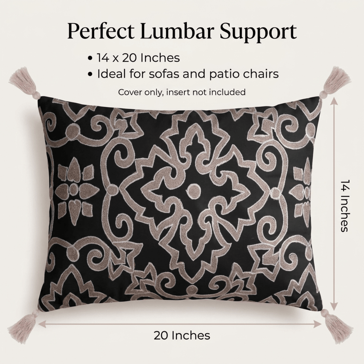 Throw Pillow Covers - Embroidered Black Beige Linen Cushion Cover Sets 18x18 Inches