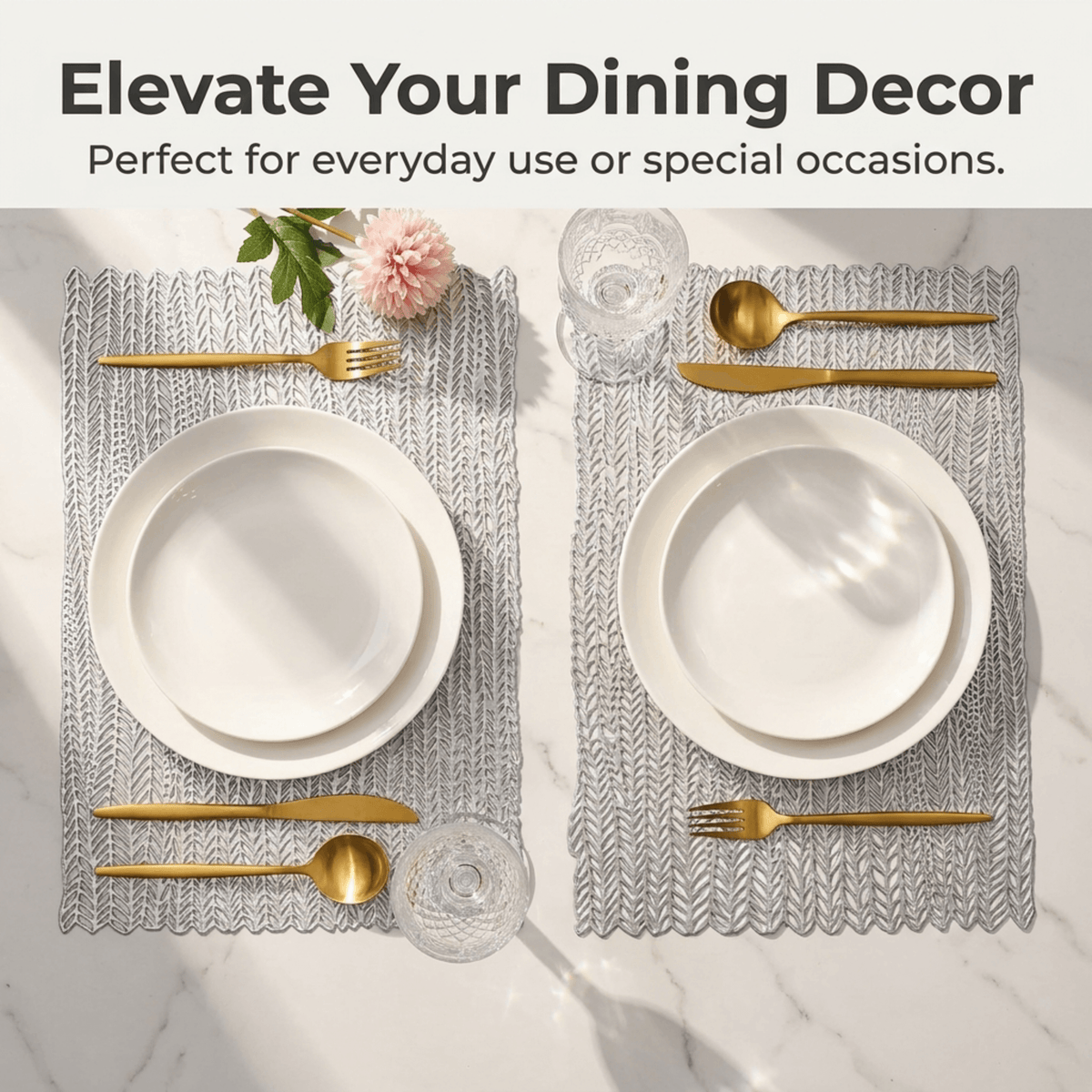 PVC Placemats - Silver Set of 6 | Heat Resistant Non Slip Table Mats for Dining