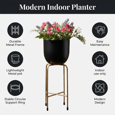 Planter With Metal Stand – Indoor Floor Standing Pot & Decorative Flower Holder