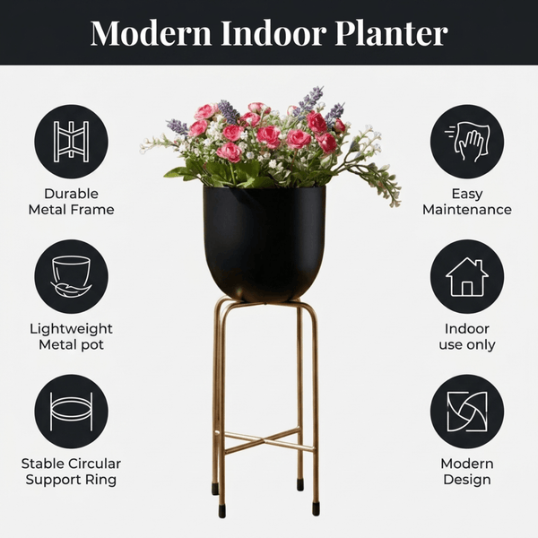 Planter With Metal Stand – Indoor Floor Standing Pot & Decorative Flower Holder