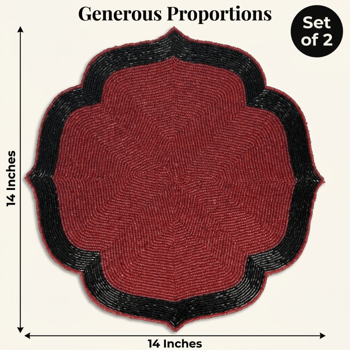 Beaded Placemats – Handmade Red Black Dining Table Mats, 14 Inch Heat Resistant