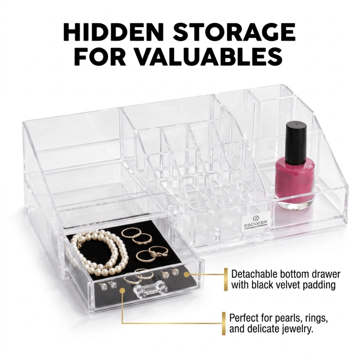 Clear Makeup Organizer - Acrylic Cosmetic Storage Box with 19 Slots & Drawer
