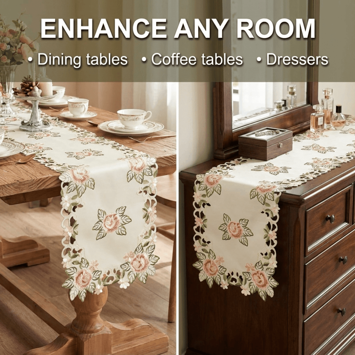 Cream Table Runner – Bryton Collection, Embroidered Linen
