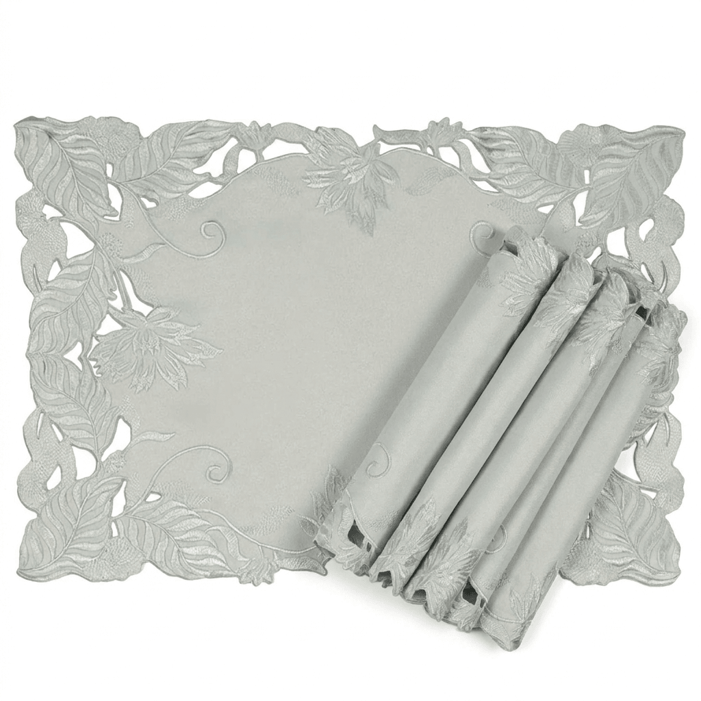 European Embroidered Placemats - Rustic Gray Table Mats 14x20 Inch for Indoor Outdoor