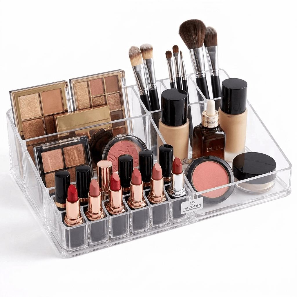 Clear Makeup Organizer - Acrylic Cosmetic Holder with 21 Slots & Lipstick Storage