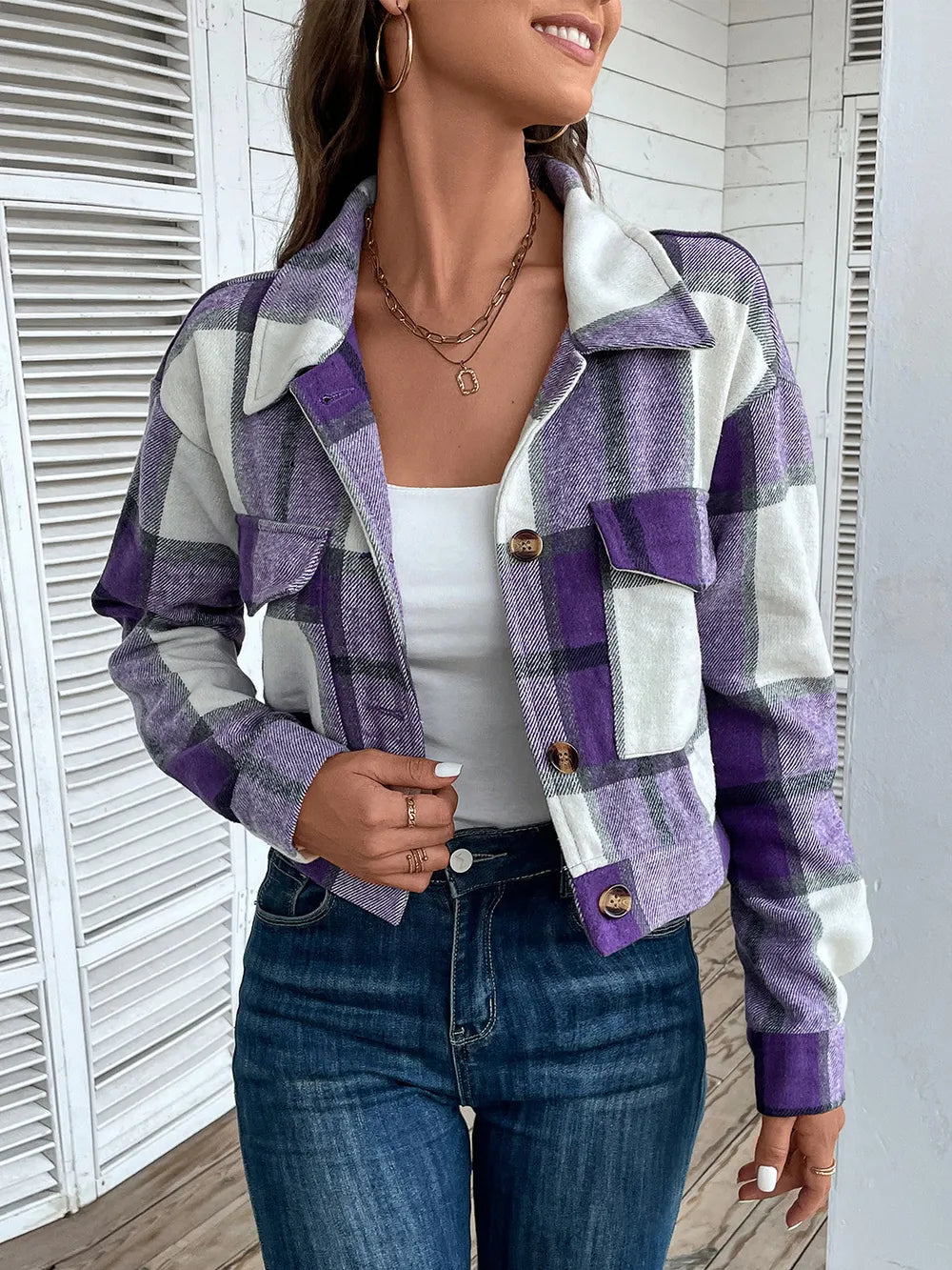 Plaid Button Up Drop Shoulder Cropped Jacket