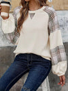 Plaid Round Neck Long Sleeve Sweatshirt - Cream / XL