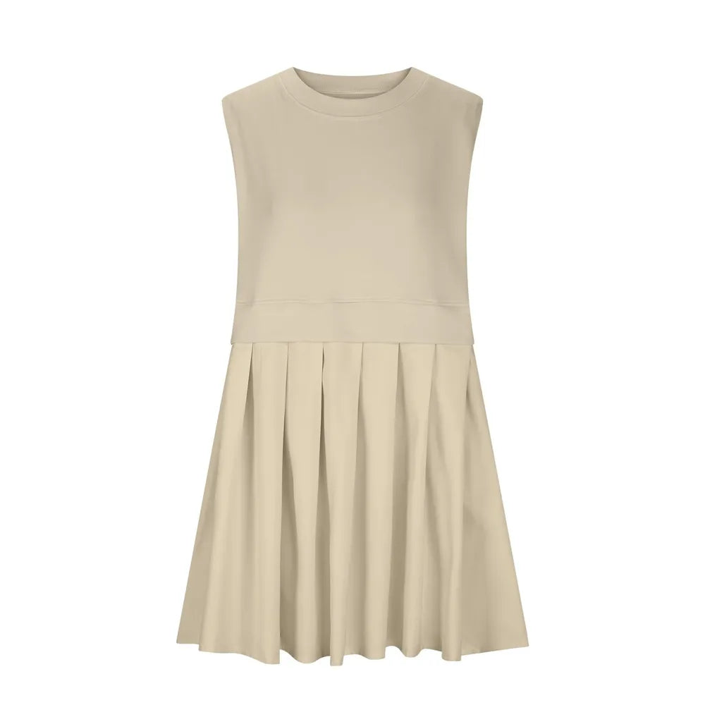 Pleated Round Neck Sleeveless Mini Dress