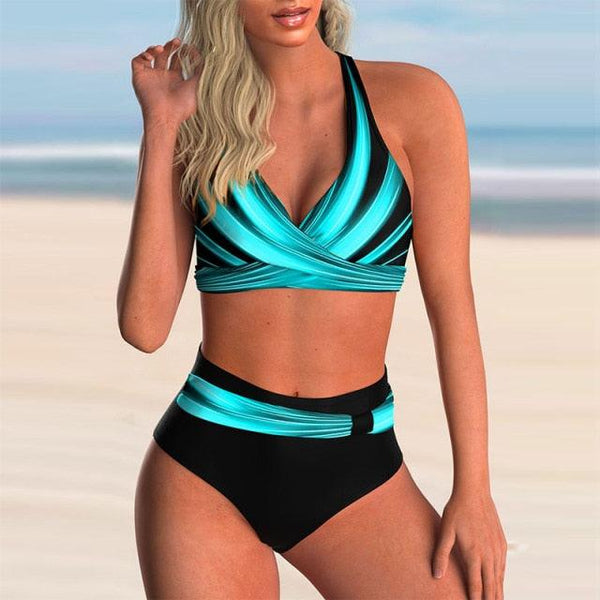 Plus Size Neon Striped Bikini Set Push Up Women High Waist Bikini Set Halter Two Piece Bathing Suits Crisscross Tummy Control Swimsuit Push Up Swimwear Women High Waist Halter Beach Swimwear Retro Bathing Suit Swimming Suit