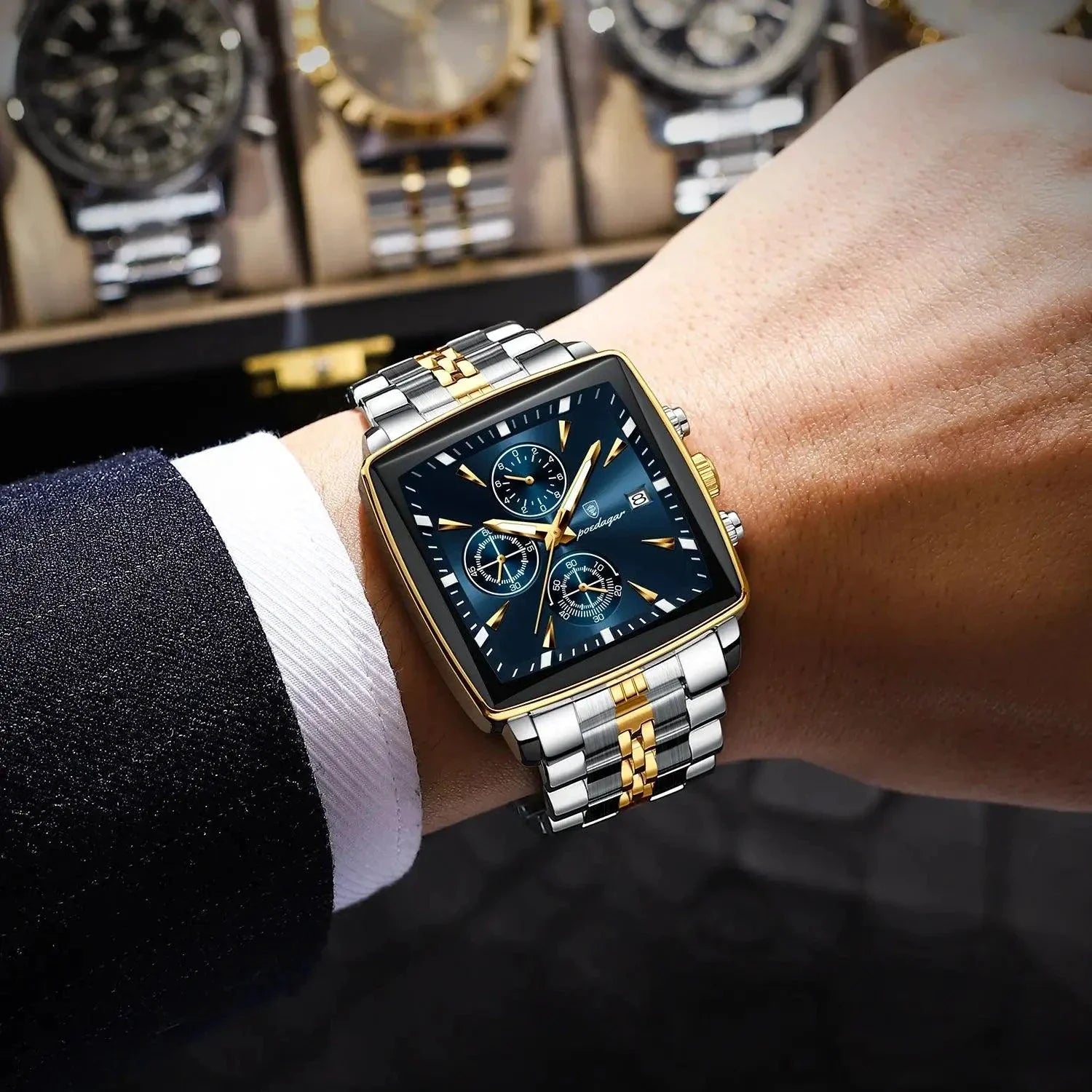 POEDAGAR Men's Square Chronograph Watch - Luminous Waterproof Stainless Steel Quartz Wristwatch