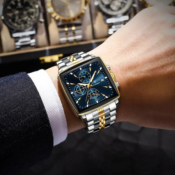 POEDAGAR Men's Square Chronograph Watch - Luminous Waterproof Stainless Steel Quartz Wristwatch