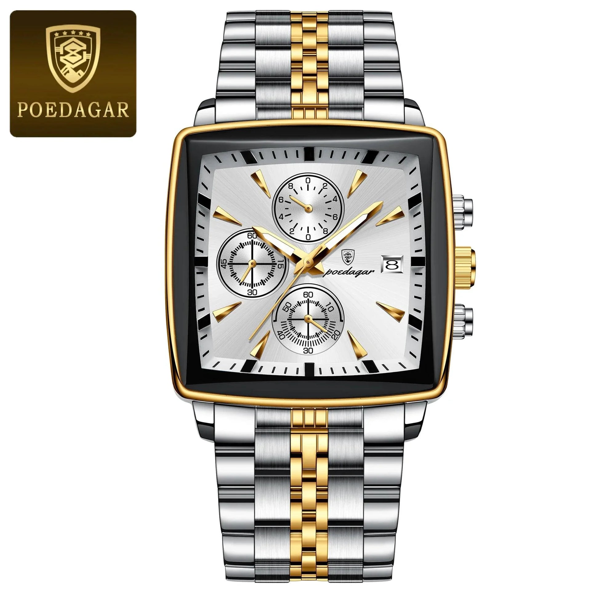 POEDAGAR Men's Square Chronograph Watch - Luminous Waterproof Stainless Steel Quartz Wristwatch