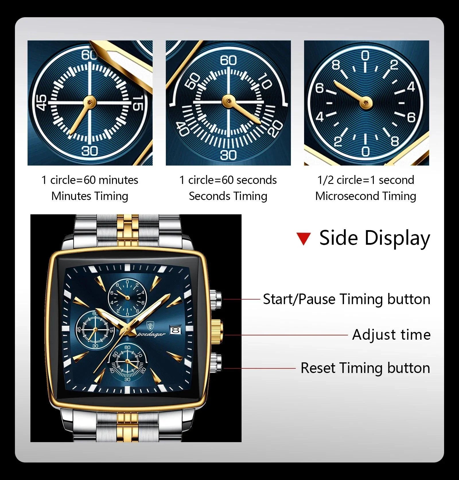 POEDAGAR Men's Square Chronograph Watch - Luminous Waterproof Stainless Steel Quartz Wristwatch