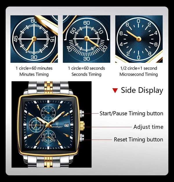 POEDAGAR Men's Square Chronograph Watch - Luminous Waterproof Stainless Steel Quartz Wristwatch