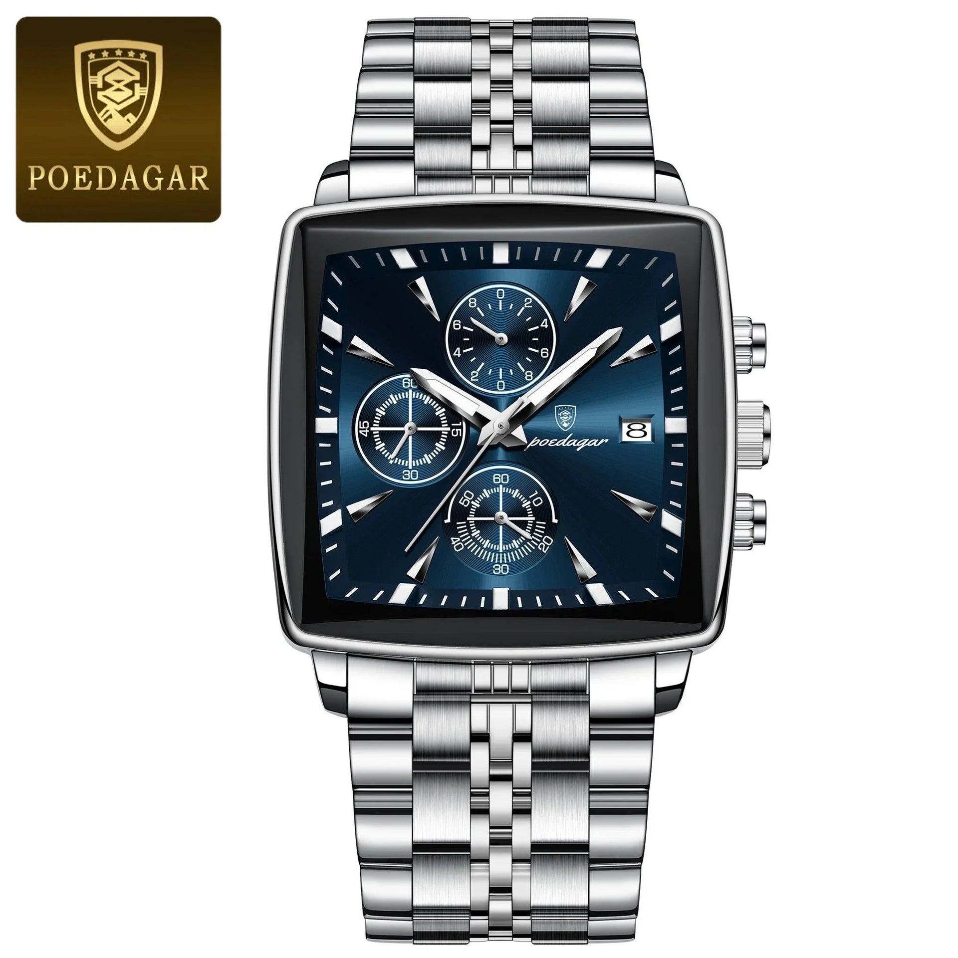 POEDAGAR Men's Square Chronograph Watch - Luminous Waterproof Stainless Steel Quartz Wristwatch
