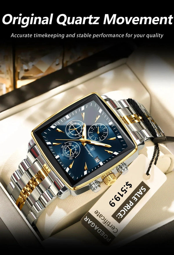 POEDAGAR Men's Square Chronograph Watch - Luminous Waterproof Stainless Steel Quartz Wristwatch