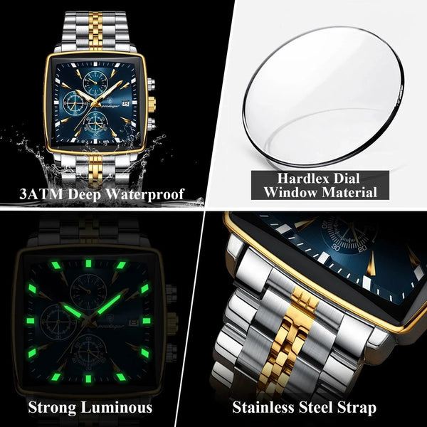 POEDAGAR Men's Square Chronograph Watch - Luminous Waterproof Stainless Steel Quartz Wristwatch