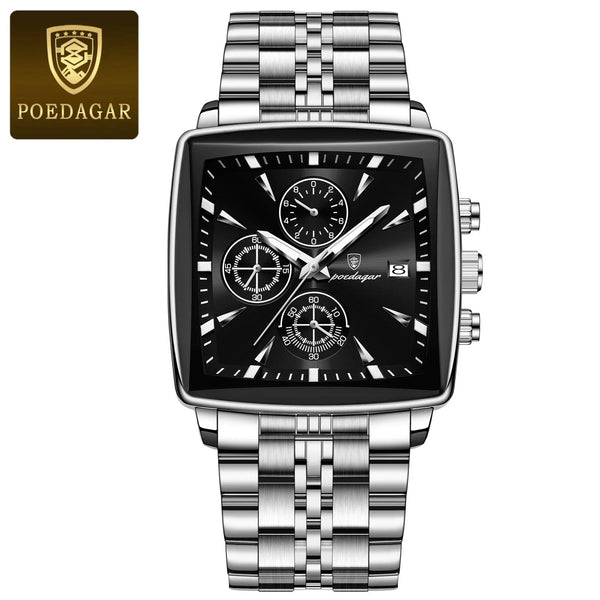 POEDAGAR Men's Square Chronograph Watch - Luminous Waterproof Stainless Steel Quartz Wristwatch
