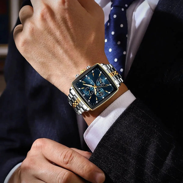 POEDAGAR Men's Square Chronograph Watch - Luminous Waterproof Stainless Steel Quartz Wristwatch