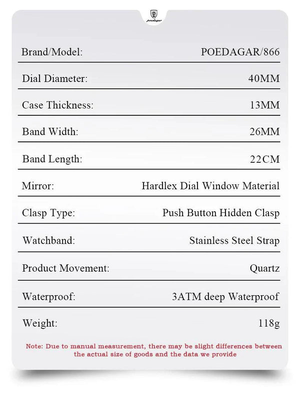 POEDAGAR Men's Square Chronograph Watch - Luminous Waterproof Stainless Steel Quartz Wristwatch