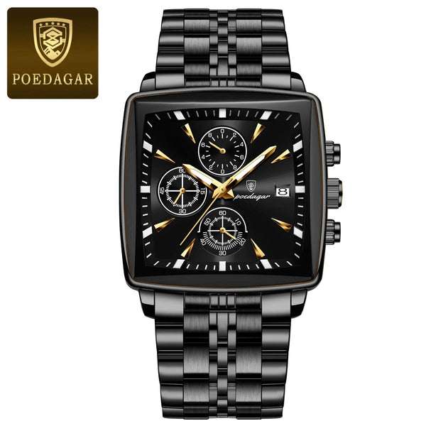 POEDAGAR Men's Square Chronograph Watch - Luminous Waterproof Stainless Steel Quartz Wristwatch