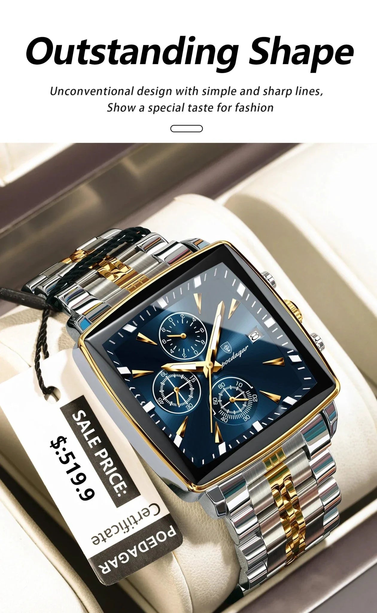POEDAGAR Men's Square Chronograph Watch - Luminous Waterproof Stainless Steel Quartz Wristwatch