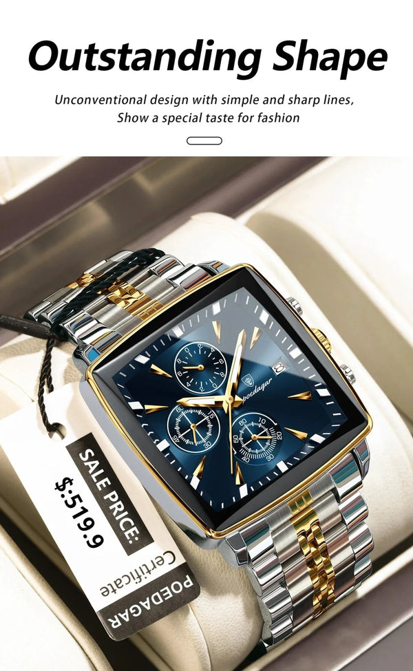POEDAGAR Men's Square Chronograph Watch - Luminous Waterproof Stainless Steel Quartz Wristwatch
