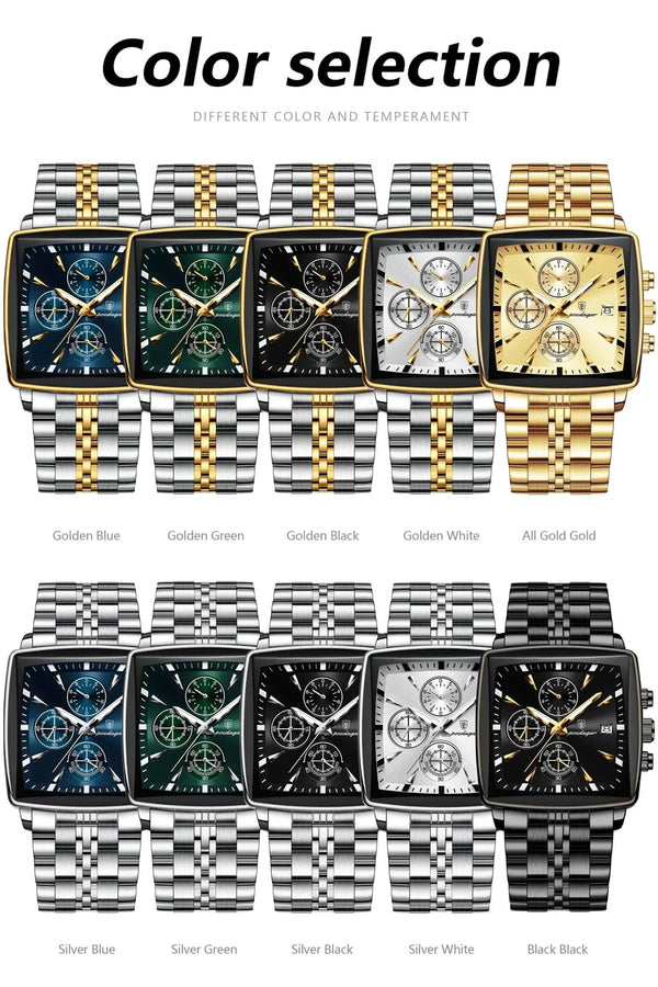 POEDAGAR Men's Square Chronograph Watch - Luminous Waterproof Stainless Steel Quartz Wristwatch