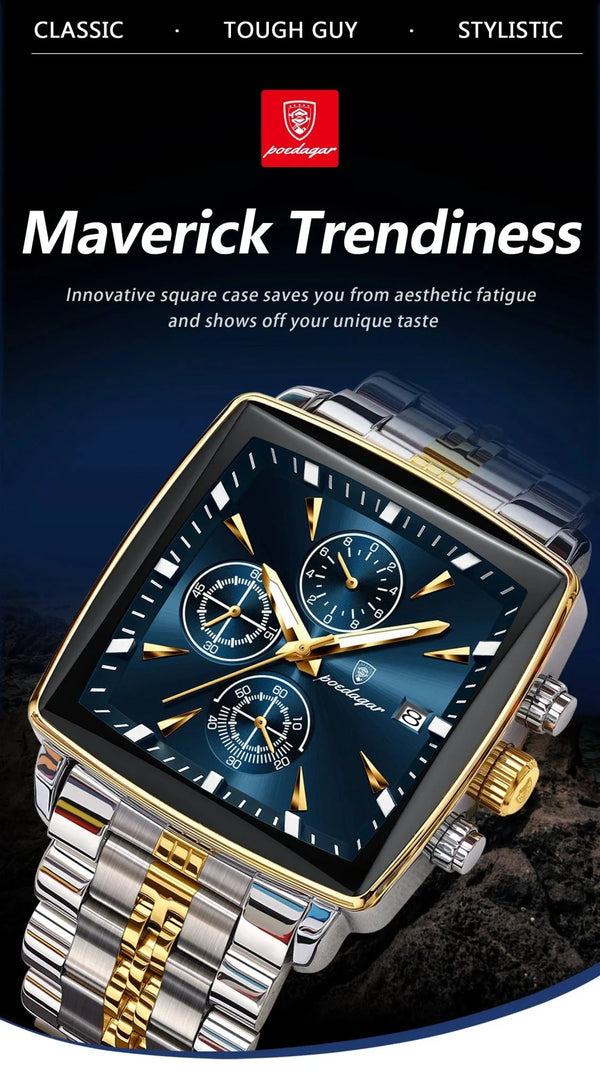 POEDAGAR Men's Square Chronograph Watch - Luminous Waterproof Stainless Steel Quartz Wristwatch