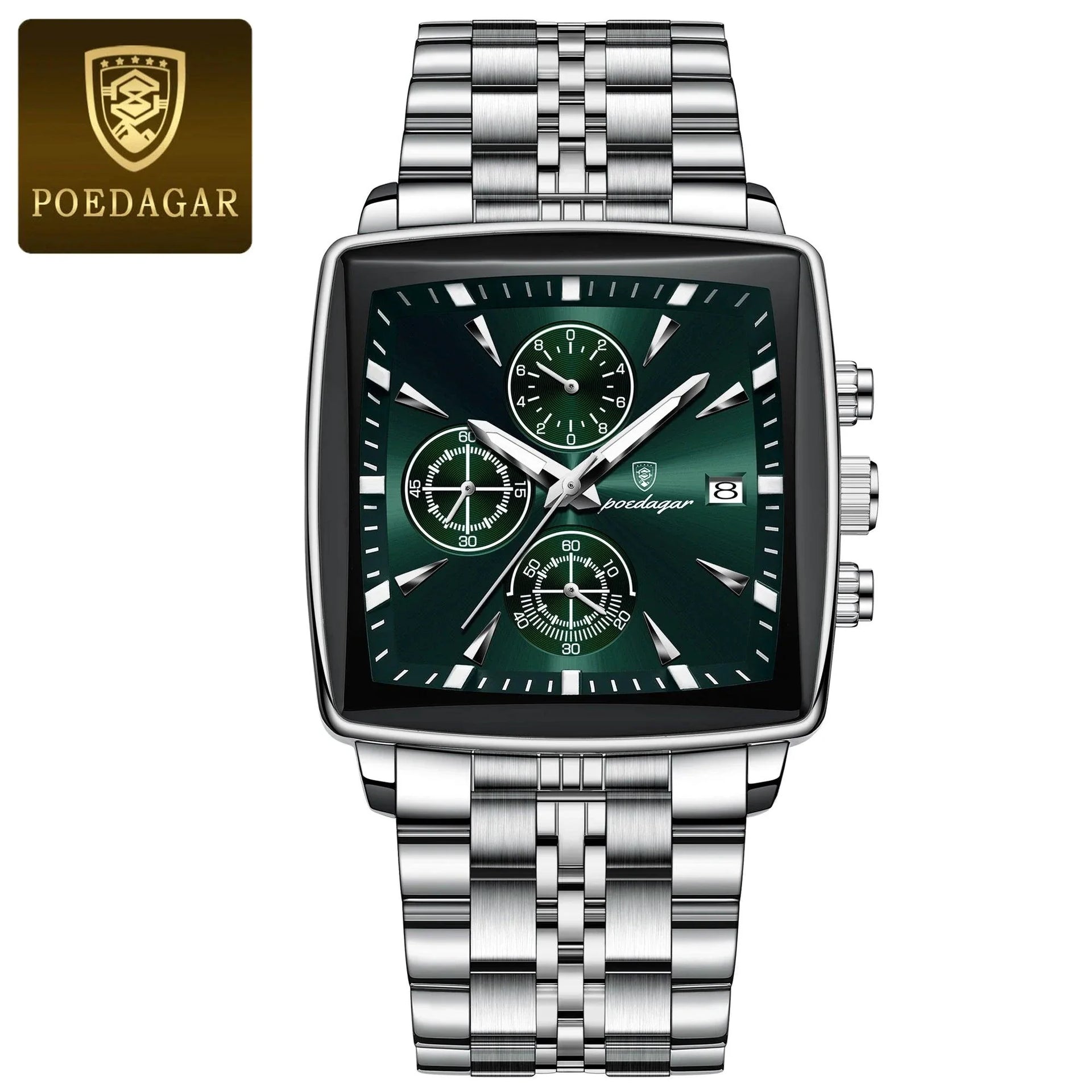POEDAGAR Men's Square Chronograph Watch - Luminous Waterproof Stainless Steel Quartz Wristwatch