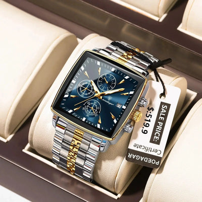 POEDAGAR Men's Square Chronograph Watch - Luminous Waterproof Stainless Steel Quartz Wristwatch