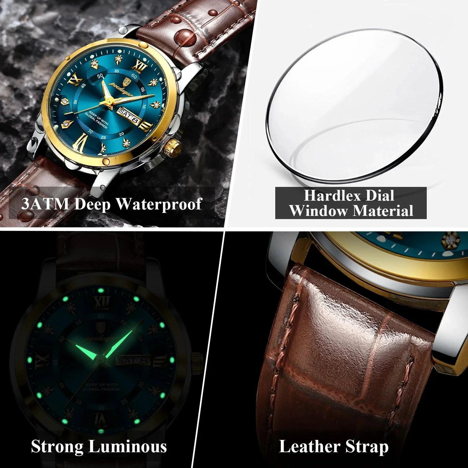 POEDAGAR Luxury Men's Quartz Watch - Waterproof, Luminous, Date Display, High-Quality Leather Strap, Sporty Design