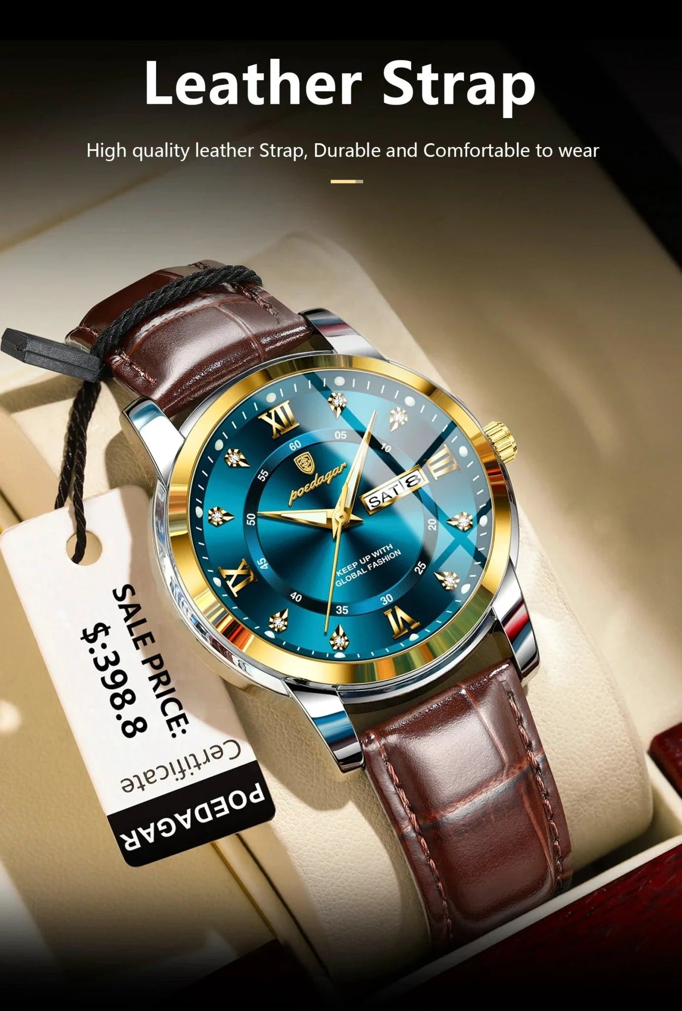 POEDAGAR Luxury Men's Quartz Watch - Waterproof, Luminous, Date Display, High-Quality Leather Strap, Sporty Design