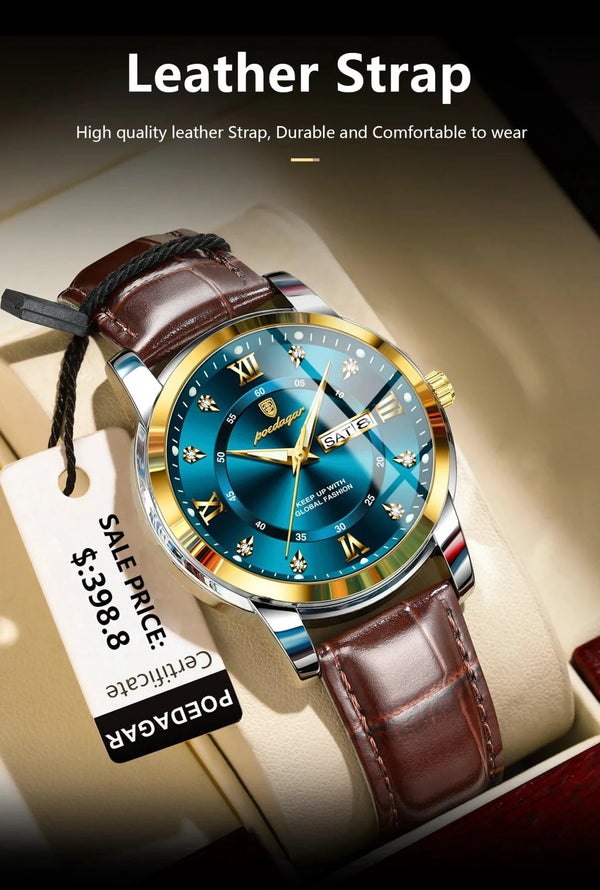 POEDAGAR Luxury Men's Quartz Watch - Waterproof, Luminous, Date Display, High-Quality Leather Strap, Sporty Design