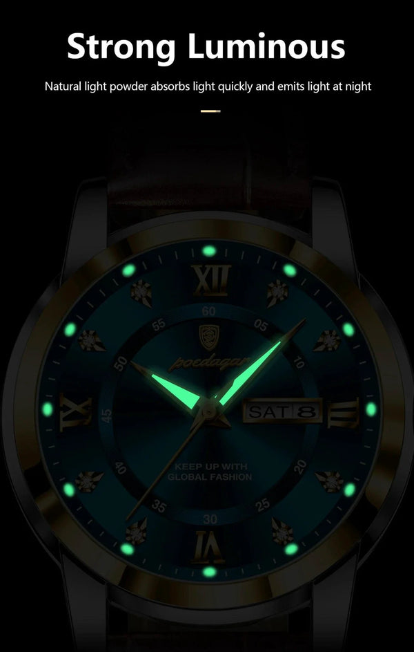 POEDAGAR Luxury Men's Quartz Watch - Waterproof, Luminous, Date Display, High-Quality Leather Strap, Sporty Design