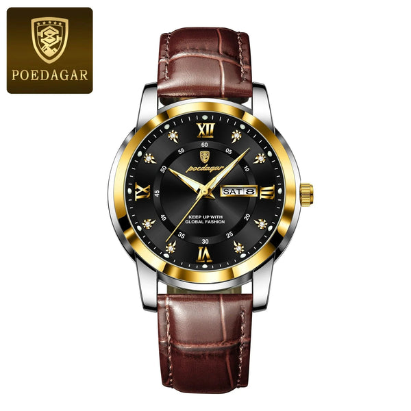 POEDAGAR Luxury Men's Quartz Watch - Waterproof, Luminous, Date Display, High-Quality Leather Strap, Sporty Design