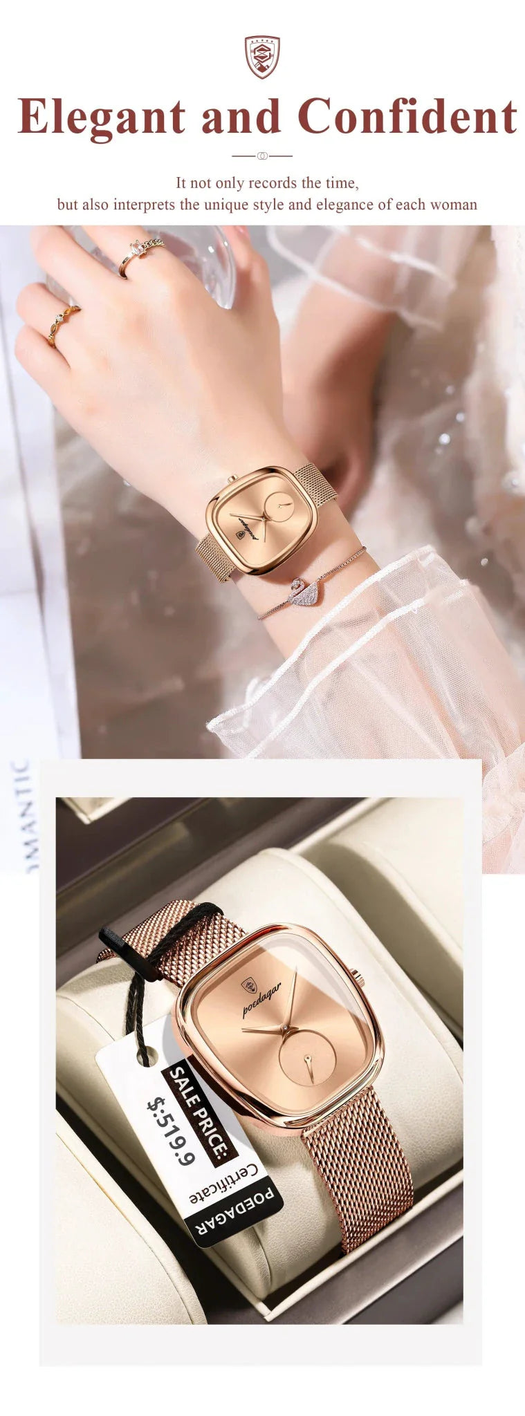 POEDAGAR Elegant Women's Mesh Watch - Waterproof Stainless Steel Quartz Timepiece for Stylish Ladies