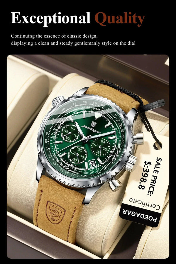 POEDAGAR Men's Luxury Quartz Chronograph Watch - Waterproof, Luminous, Leather - Military Sports Style